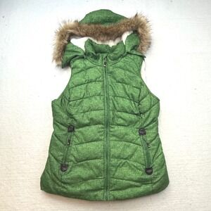 Green Tea Women's Medium Puffer Vest with Fur Trimmed Hood Quilted